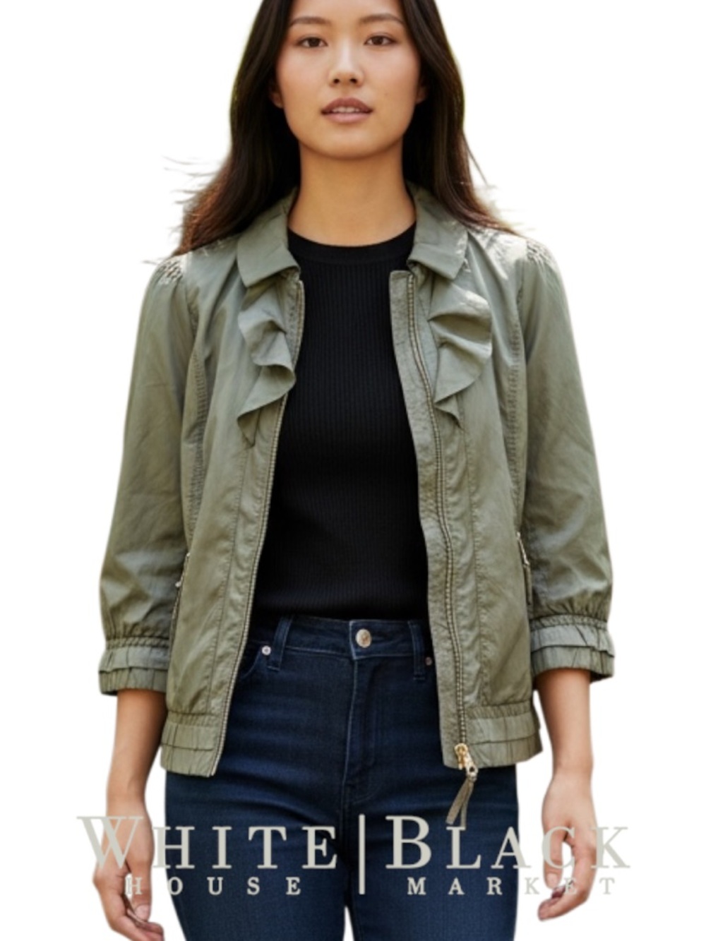 White House Black Market Olive Ruffle-Trim Bomber Jacket (6/8)